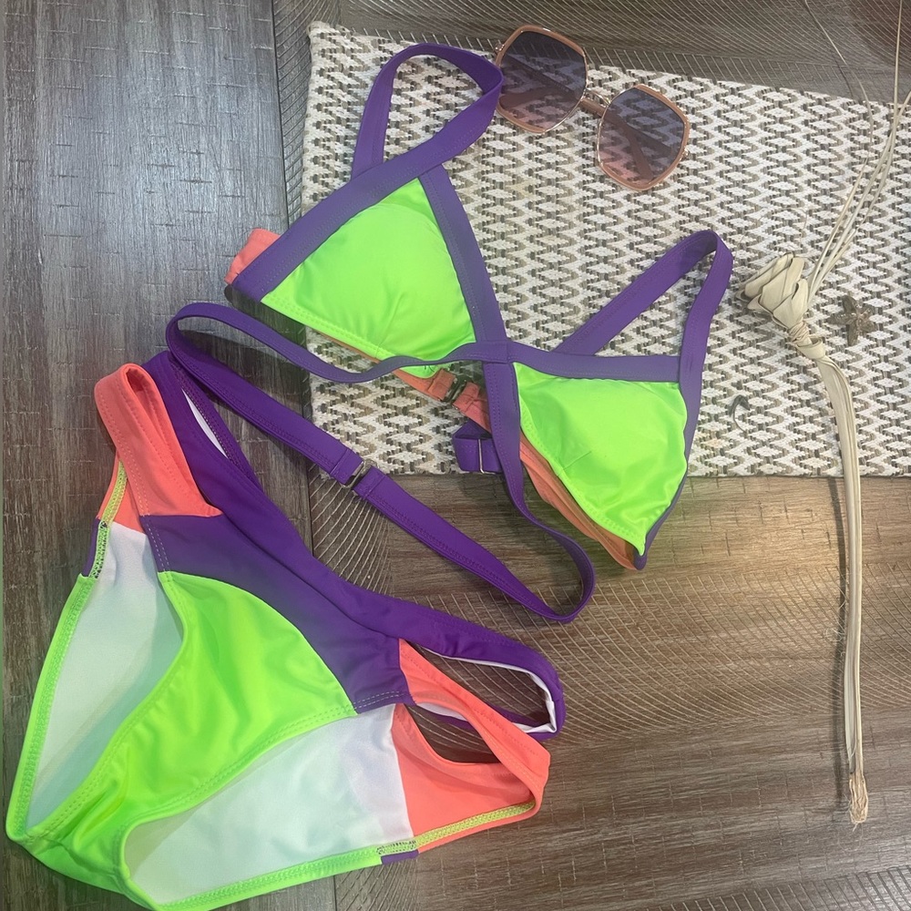 Purple/Green/Coral bikini, brand new, size large